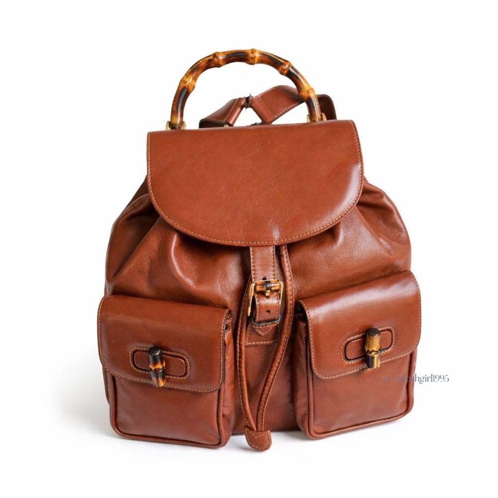 Vintage Gucci Tom Ford Bamboo Leather Backpack Camel Brown Large